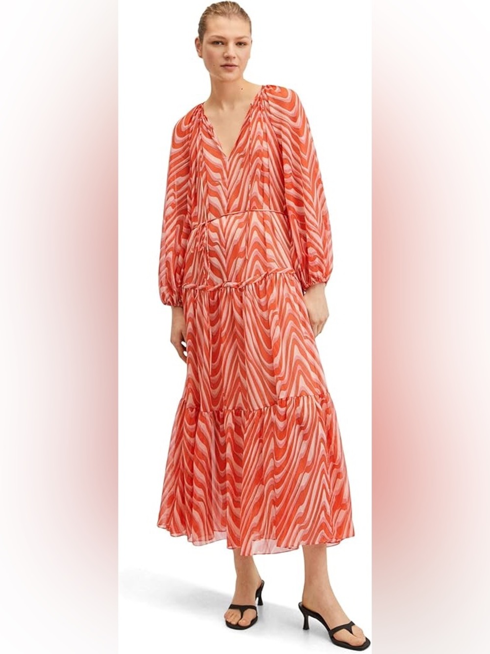 Mango MNG Lidia Orange Tiered Maxi Sheer Long Dress